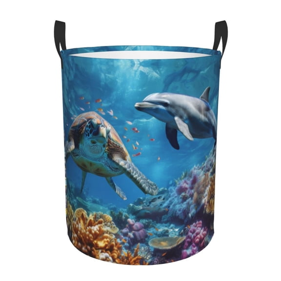 PHELIKA Ocean Sea Animal Turtle Dolphin 04 Laundry Hamper Waterproof Foldable Oxford Fabric Organizer Large Storage Bins For Dirty Clothes Round Baby Laundry Basket Toy Organizer Baskets