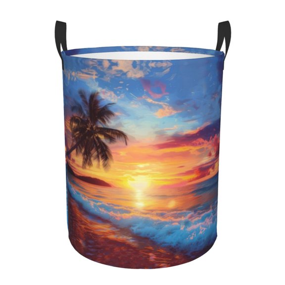 PHELIKA Ocean Sunrise Tropical Palm Tree Island Hawaiian Sunset Sea Waves Summer 03 Laundry Hamper Waterproof Foldable Oxford Fabric Organizer Large Storage Bins For Dirty Clothes Baby Laundry Basket