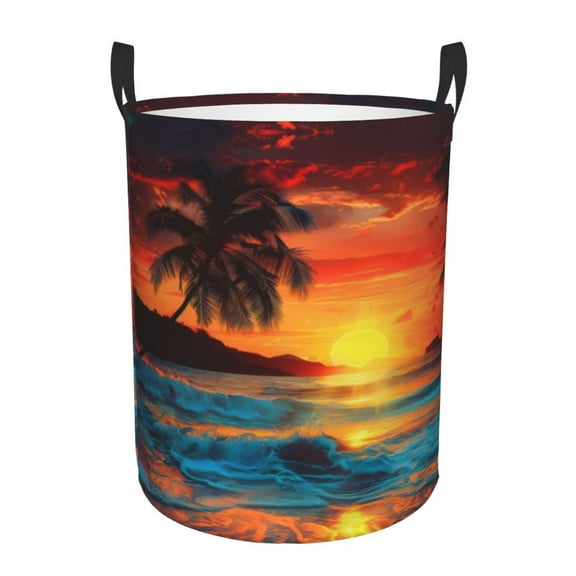 PHELIKA Ocean Sunrise Tropical Palm Tree Island Hawaiian Sunset Sea Waves Summer 08 Laundry Hamper Waterproof Foldable Oxford Fabric Organizer Large Storage Bins For Dirty Clothes Baby Laundry Basket