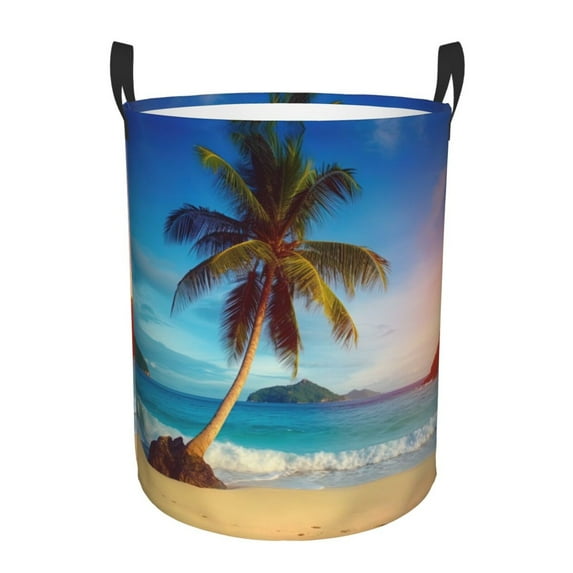 PHELIKA Ocean Sunrise Tropical Palm Tree Island Hawaiian Waves 01 Laundry Basket 65L Large Foldable Round For Dirty Clothes Toy Storage