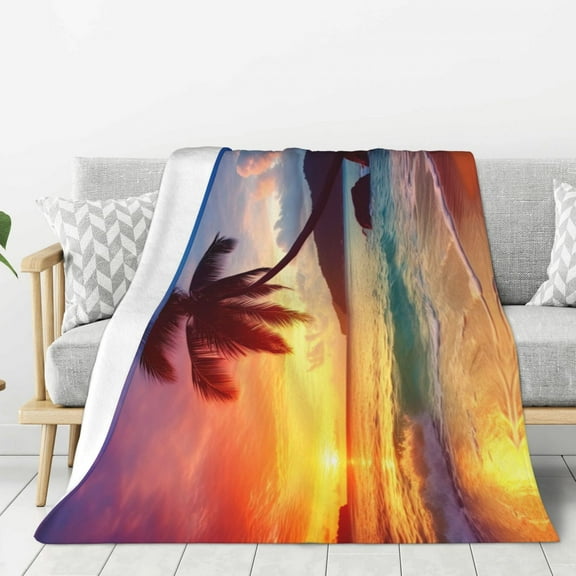 PHELIKA Ocean Sunrise Tropical Palm Tree Island Hawaiian Waves 04 Soft Throw Blanket Lightweight Flannel Fleece Blanket For Couch Bed Sofa Travelling Camping For Kids Adults 40x50 Inch