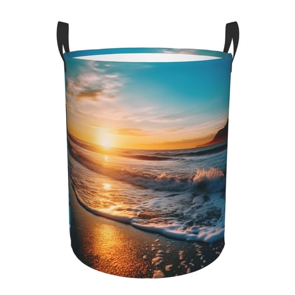 PHELIKA Ocean Waves Beach Sand Seaside Sunset 01 Laundry Basket 65L Large Foldable Round For Dirty Clothes Toy Storage
