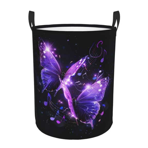 PHELIKA Purple Butterfly Musical Note Laundry Hamper Waterproof Foldable Oxford Fabric Organizer Large Storage Bins For Dirty Clothes Round Laundry Basket Toy Organizer Baskets