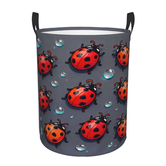 PHELIKA Red Ladybugs Rain 1 Laundry Hamper Waterproof Foldable Oxford Fabric Organizer Large Storage Bins For Dirty Clothes Round Laundry Basket Toy Organizer Baskets