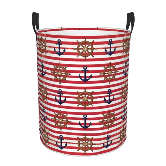 PHELIKA Red White Stripes Nautical Anchor 01 Laundry Hamper Waterproof Foldable Oxford Fabric Organizer Large Storage Bins For Dirty Clothes Round Laundry Basket Toy Organizer Baskets