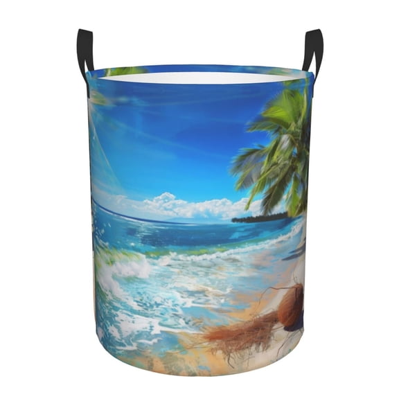 PHELIKA Sea Sunshine Beach Coconut 01 Laundry Hamper Waterproof Foldable Oxford Fabric Organizer Large Storage Bins For Dirty Clothes Round Baby Laundry Basket Toy Organizer Baskets