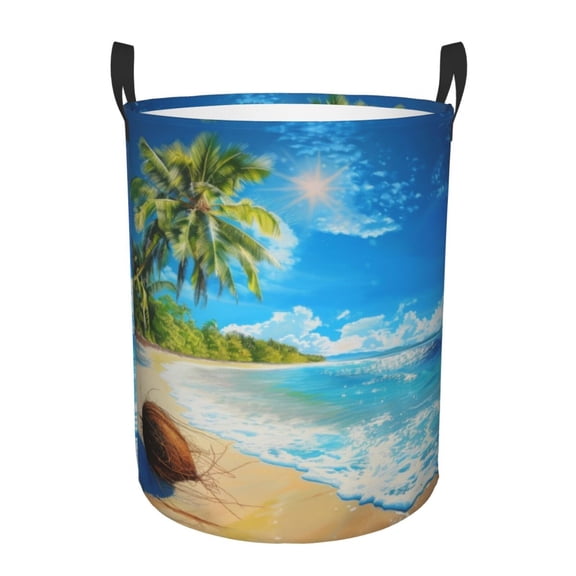 PHELIKA Sea Sunshine Beach Coconut 02 Laundry Basket 65L Large Foldable Round For Dirty Clothes Toy Storage