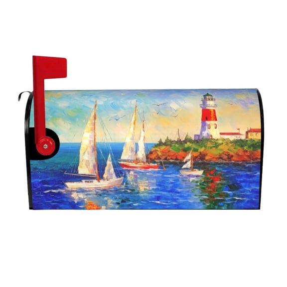 PHELIKA Seascape With Boats Sailboats And Lighthouse 03 Magnetic Mailbox Covers Standard Size 25.5"H x 21"W