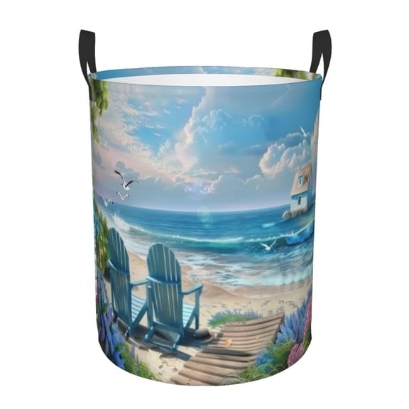 PHELIKA Seaside Escape Summer 02 Laundry Hamper Waterproof Foldable Oxford Fabric Organizer Large Storage Bins For Dirty Clothes Round Baby Laundry Basket Toy Organizer Baskets