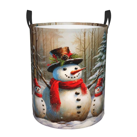 PHELIKA Snowman Trees Seasonal Xmas Holiday Rustic 01 Laundry Basket 65L Large Foldable Round For Dirty Clothes Toy Storage
