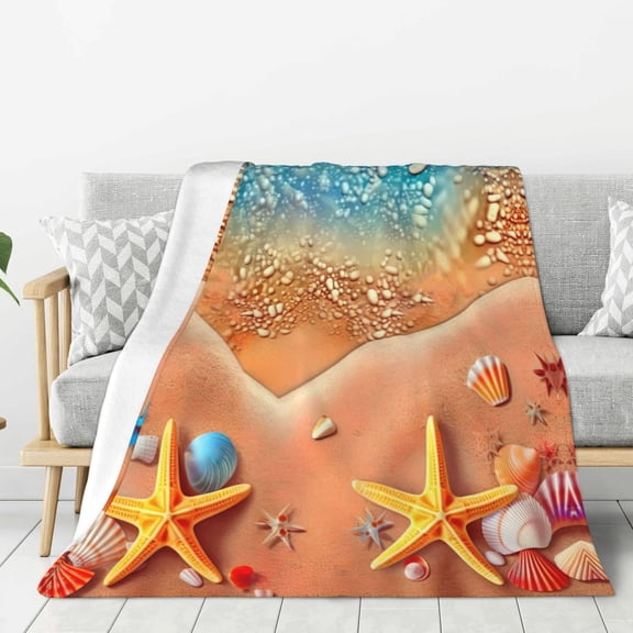 PHELIKA Summer Beach And Starfish Seashells 02 Soft Throw Blanket Lightweight Flannel Fleece Blanket For Couch Bed Sofa Travelling Camping For Kids Adults 40x50 Inch