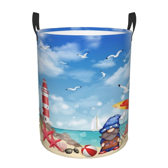 PHELIKA Summer Gnomes Humor Lighthouse Starfish Laundry Basket 65L Large Foldable Round For Dirty Clothes Toy Storage