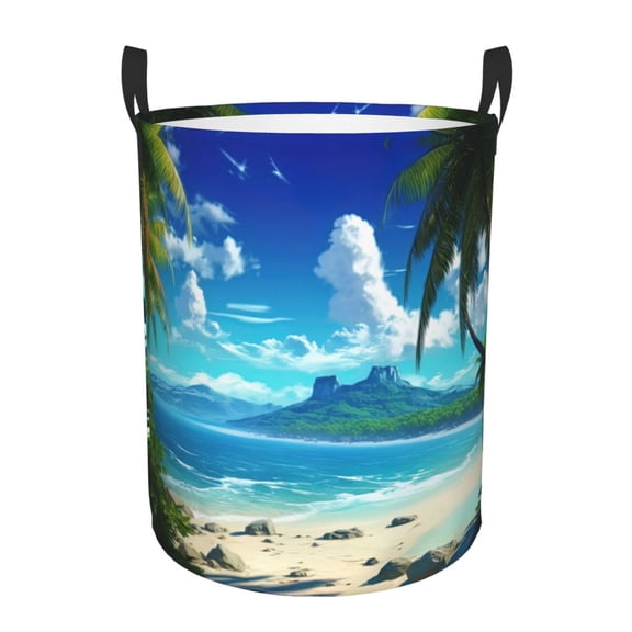 PHELIKA Summer Islands Beach Tropical Palm Tree 01 Laundry Basket 65L Large Foldable Round For Dirty Clothes Toy Storage