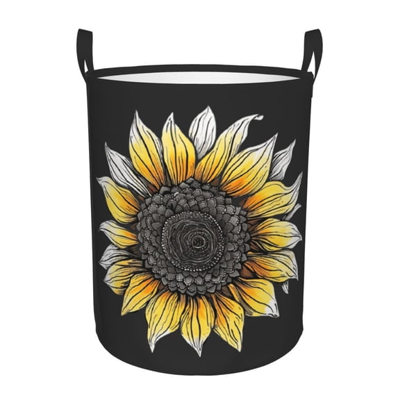 PHELIKA Sunflower Doodle Flower Black 04 Laundry Basket 65L Large Foldable Round For Dirty Clothes Toy Storage