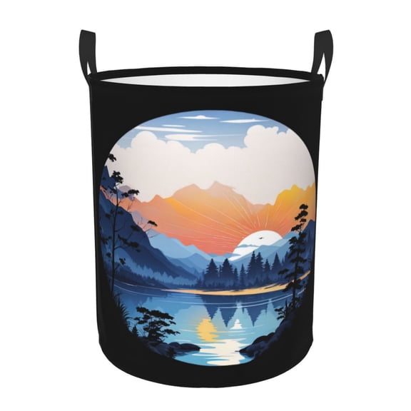 PHELIKA Sunset Lake Laundry Hamper Waterproof Foldable Oxford Fabric Organizer Large Storage Bins For Dirty Clothes Round Laundry Basket Toy Organizer Baskets