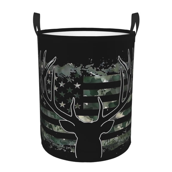 PHELIKA Us Deer Elk Buck Camouflage Hunting Hunter Laundry Basket 65L Large Foldable Round For Dirty Clothes Toy Storage