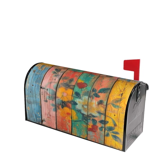 PHELIKA Vintage Colorful Artwork Painted On Wood Pattern 04 Magnetic Mailbox Covers Post Letter Box Cover Standard Size 25.5"H x 21"W