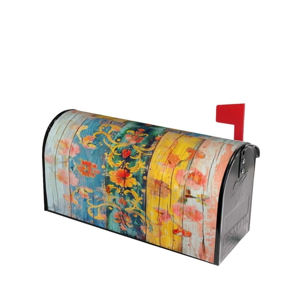 PHELIKA Vintage Colorful Artwork Painted On Wood Pattern 05 Magnetic Mailbox Covers Post Letter Box Cover Standard Size 25.5"H x 21"W