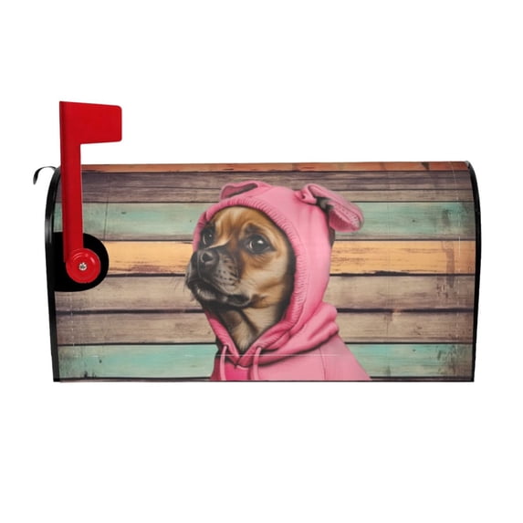PHELIKA Vintage Old Wooden Texture Dog Wearing A Pink Hood 01 Magnetic Mailbox Covers Standard Size 25.5"H x 21"W