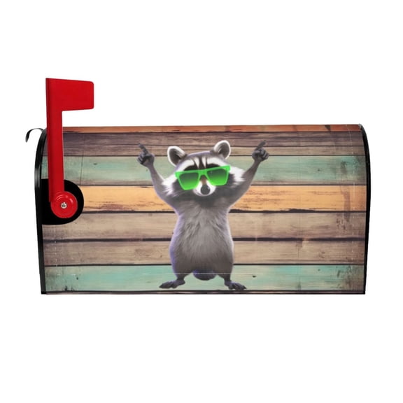 PHELIKA Vintage Old Wooden Texture Funny Raccoon Green Sunglasses 03 Magnetic Mailbox Covers Standard Size 21"H x 18"W