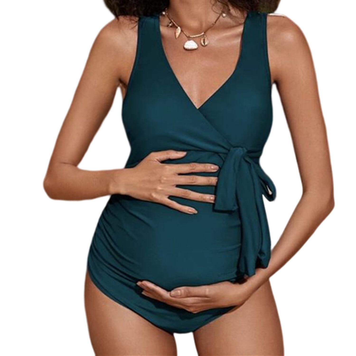 PHENAS Maternity Swimsuit V-Neck One Piece Maternity Pregnancy Swimwear Tie  Front Bowknot Bathing Suit Monokini