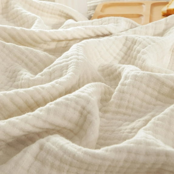 PHF 100% Cotton Muslin Queen Blanket, 90" x 90", 4-Layer Lightweight and Breathable Blanket, Luxuriously Soft Gauze Blanket for Couch Bed, Beige/Short Bread