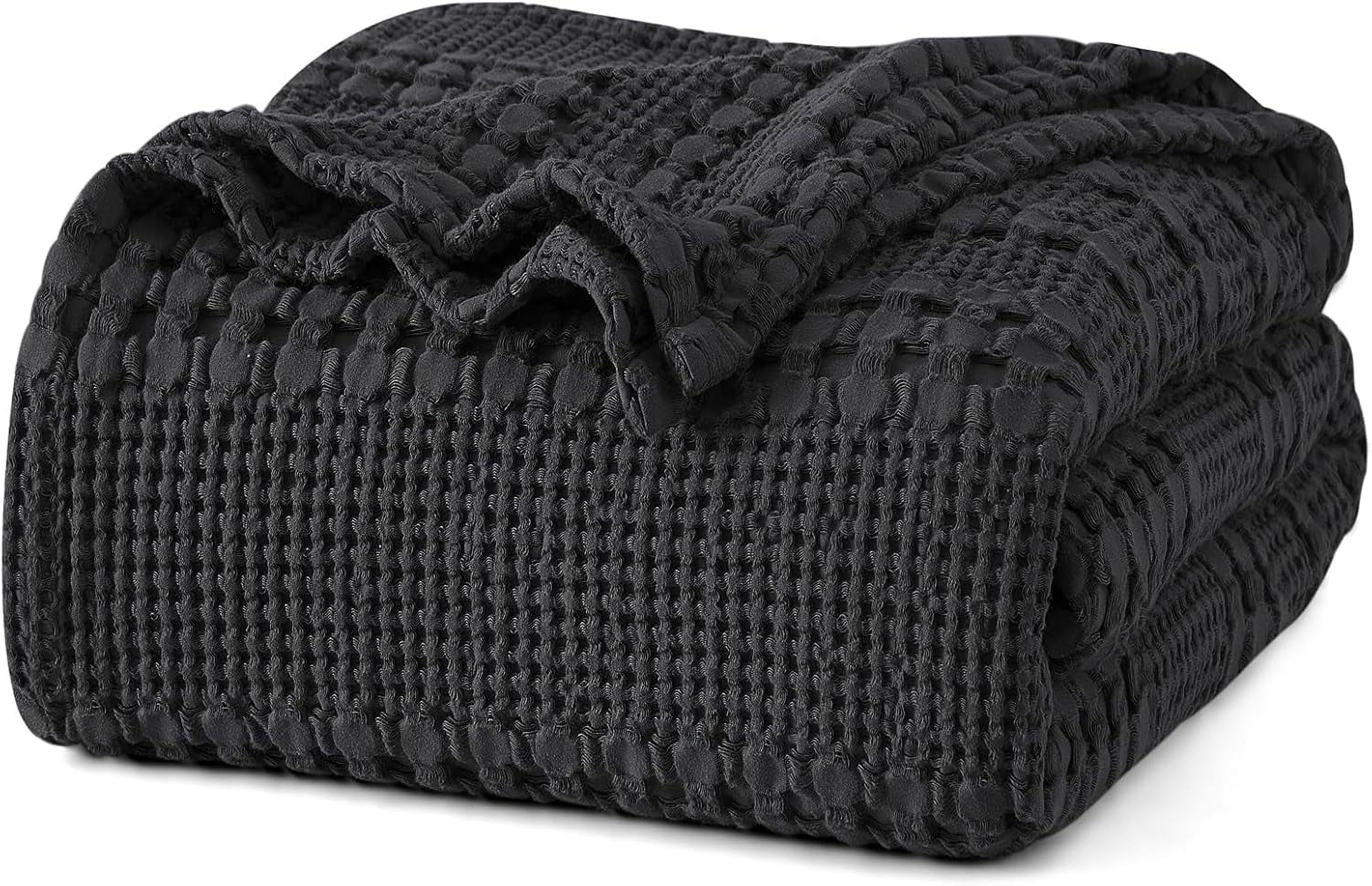 PHF 100% Cotton Waffle Weave Blanket, Lightweight King Washed Blanket for Bed Sofa Home Decor, Black, 108"x90"