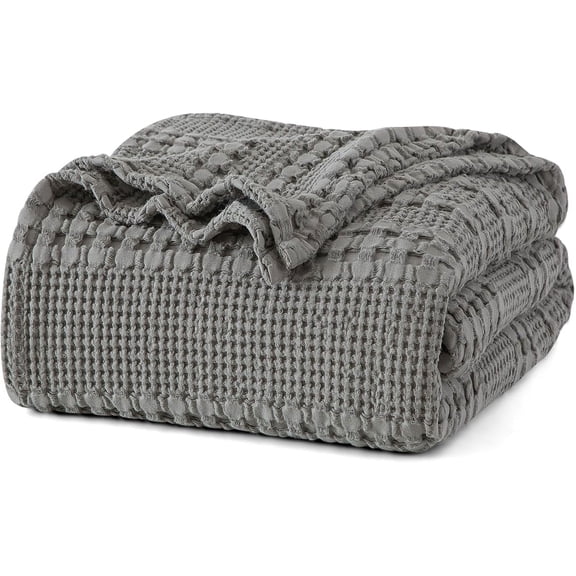PHF 100% Cotton Waffle Weave Blanket, Lightweight King Washed Blanket for Bed Sofa Home Decor, Dark Grey, 108"x90"