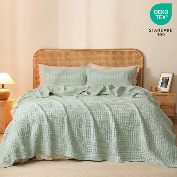 PHF 100% Cotton Waffle Weave Blanket, Lightweight Queen Washed Blanket for Bed Sofa Home Decor, Sage Green, 90"x90"