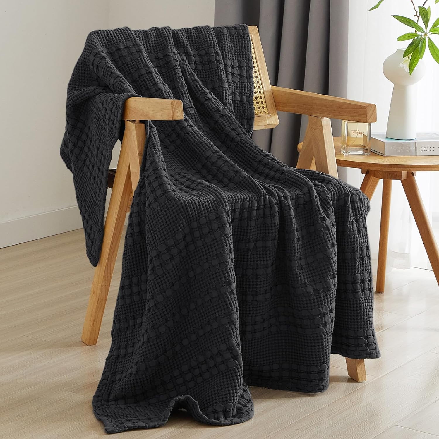 PHF 100% Cotton Waffle Weave Blanket, Lightweight Throw Washed Blanket for Bed Sofa Home Decor, Black, 50"x60"