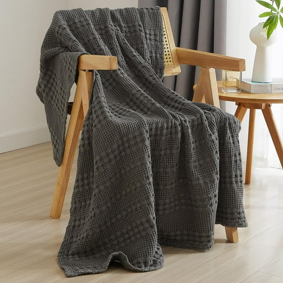 PHF 100% Cotton Waffle Weave Blanket, Lightweight Throw Washed Blanket for Bed Sofa Home Decor, Charcoal Grey, 50"x60"