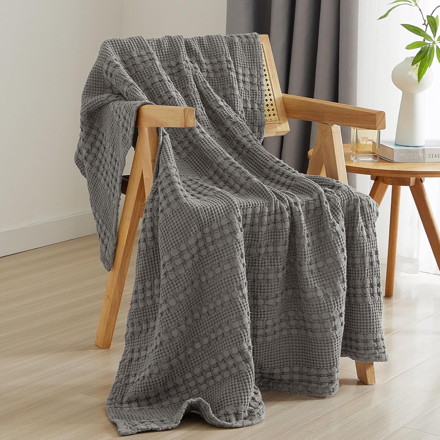 PHF 100% Cotton Waffle Weave Blanket, Lightweight Throw Washed Blanket for Bed Sofa Home Decor, Dark Grey, 50"x60"