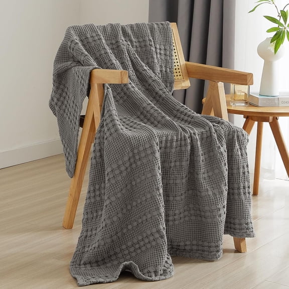 PHF 100% Cotton Waffle Weave Blanket, Lightweight Throw Washed Blanket for Bed Sofa Home Decor, Dark Grey, 50"x60"