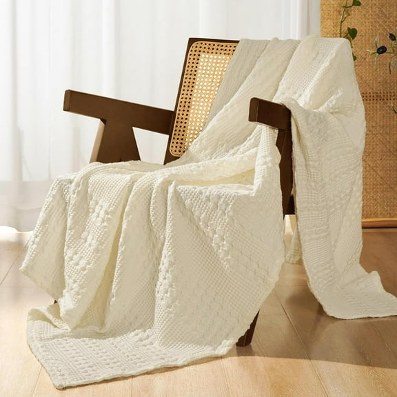 PHF 100% Cotton Waffle Weave Blanket, Lightweight Throw Washed Blanket for Bed Sofa Home Decor, Cannoli Cream, 50"x60"