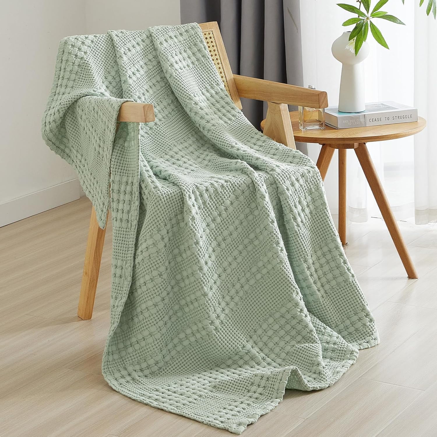 PHF 100% Cotton Waffle Weave Blanket, Lightweight Throw Washed Blanket for Bed Sofa Home Decor, Sage Green, 50"x60"
