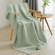 PHF 100% Cotton Waffle Weave Blanket, Lightweight Throw Washed Blanket for Bed Sofa Home Decor, Sage Green, 50"x60"