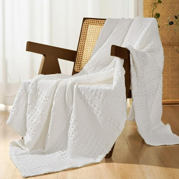 PHF 100% Cotton Waffle Weave Blanket, Lightweight Throw Washed Blanket for Bed Sofa Home Decor, White, 50"x60"