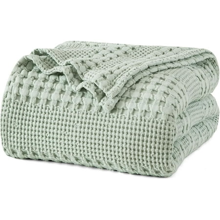 PHF 100% Cotton Waffle Weave Blanket, Lightweight Twin Washed Blanket for Bed Sofa Home Decor, Sage Green, 66"x90"