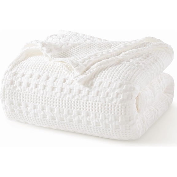 PHF 100% Cotton Waffle Weave Blanket, Lightweight Twin Washed Blanket for Bed Sofa Home Decor, White, 66"x90"