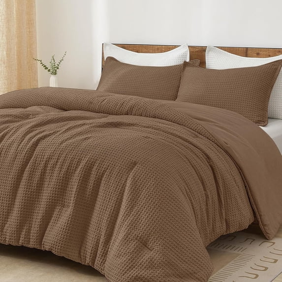 PHF 3-Piece Waffle Weave Comforter Set King Size, Lightweight Comfy Bedding Set for All Season, Ultra Soft Textured 1 Comforter with 2 Pillow Shams, Mocha