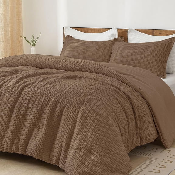 PHF 3-Piece Waffle Weave Comforter Set King Size, Lightweight Comfy Bedding Set for All Season, Ultra Soft Textured 1 Comforter with 2 Pillow Shams, Mocha