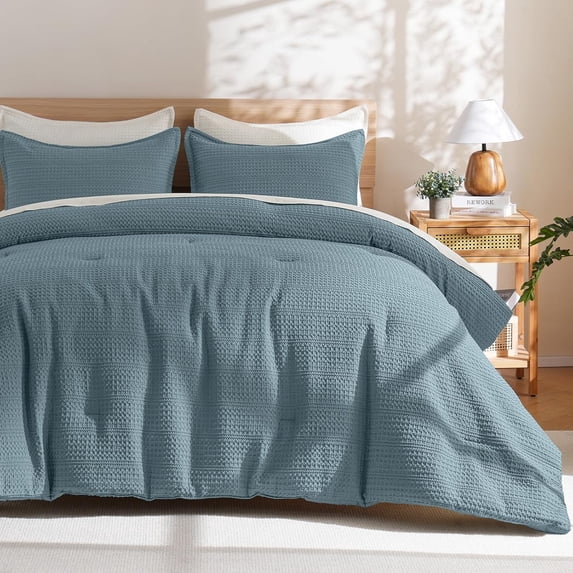 PHF 3-Piece Waffle Weave Comforter Set King Size, Lightweight Comfy Bedding Set for All Season, Ultra Soft Textured 1 Comforter with 2 Pillow Shams, Stormy Blue