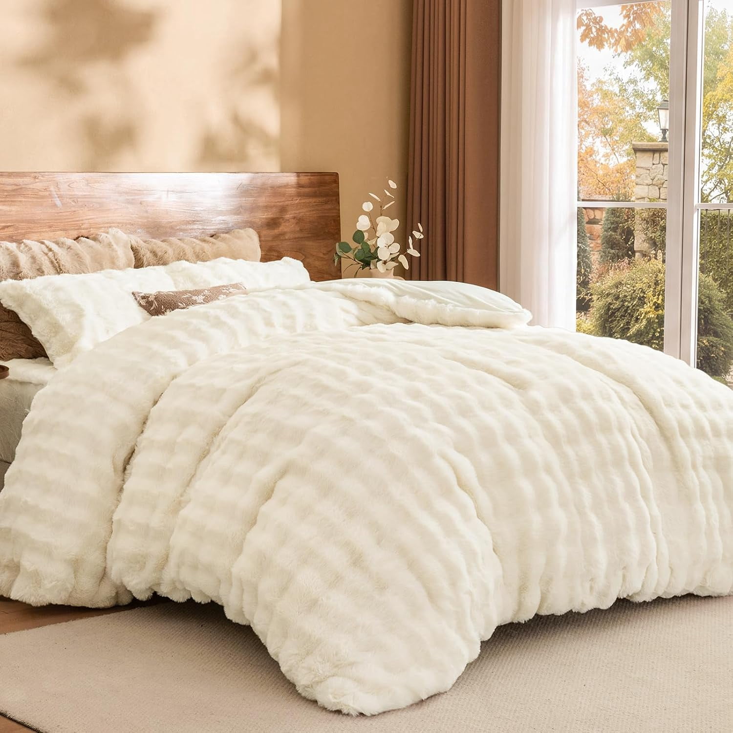 Phf PHF Fluffy Rabbit Faux Fur Duvet Cover Set, Soft 3D Bubble Plush for a ...