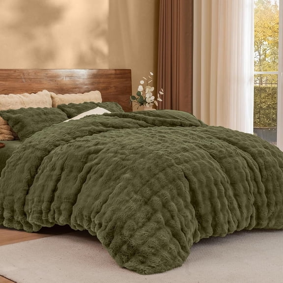 PHF Fluffy Rabbit Faux Fur Duvet Cover Set, Soft 3D Bubble Plush for a Warm and Cozy Feel, Button Closure with Corner Ties, Queen, Winter Moss