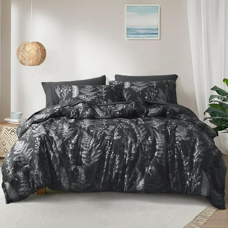 PHF 3 Pieces Printed Comforter Set King Size, Lightweight Botanical Floral Bed in a Bag, Ultra Soft Bedding Set with 1 Reversible Comforter and 2 Pillow Shams, Black