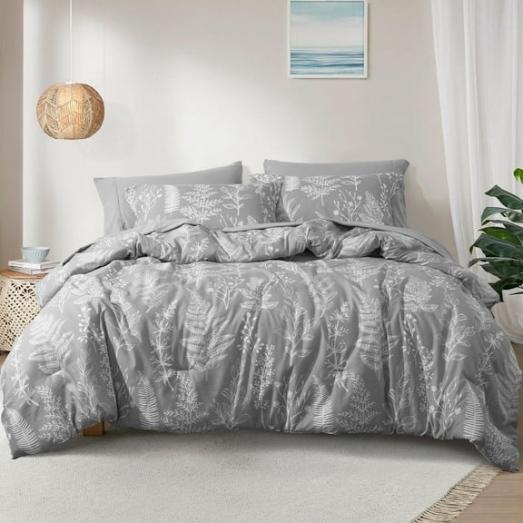 PHF 3 Pieces Printed Comforter Set King Size, Lightweight Botanical Floral Bed in a Bag, Ultra Soft Bedding Set with 1 Reversible Comforter and 2 Pillow Shams, Grey