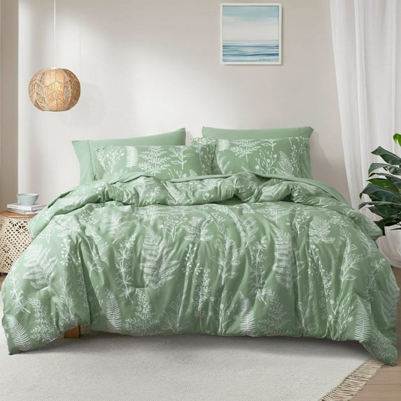 PHF 3 Pieces Printed Comforter Set King Size, Lightweight Botanical Floral Bed in a Bag, Ultra Soft Bedding Set with 1 Reversible Comforter and 2 Pillow Shams, Sage Green