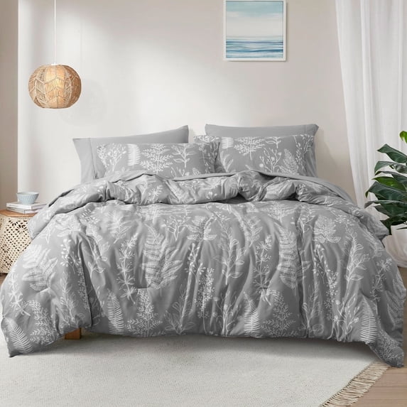 PHF 3 Pieces Printed Comforter Set Queen Size, Lightweight Botanical Floral Bed in a Bag, Ultra Soft Bedding Set with 1 Reversible Comforter and 2 Pillow Shams, Grey