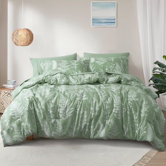 PHF 3 Pieces Printed Comforter Set Queen Size, Lightweight Botanical Floral Bed in a Bag, Ultra Soft Bedding Set with 1 Reversible Comforter and 2 Pillow Shams, Sage Green