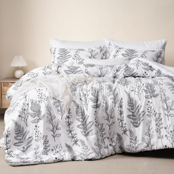 PHF 3 Pieces Printed Comforter Set Queen Size, Lightweight Botanical Floral Bed in a Bag, Ultra Soft Bedding Set with 1 Reversible Comforter and 2 Pillow Shams, White